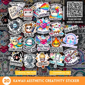 Puede incluir: Un conjunto de 20 pegatinas estéticas kawaii coloridas con varios diseños con temas de música y arte. Las pegatinas incluyen frases como "El arte es mi superpoder", "La música es mi escape" y "Tu arte, tus reglas".