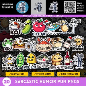 Paquete de pegatinas PNG con humor sarcástico para adultos, expresiones de dibujos animados irónicas, citas ingeniosas, palabrotas sarcásticas, hojas de pegatinas de comida y animales.