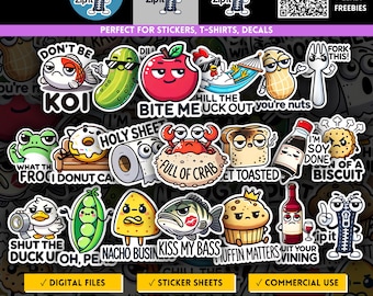 Sarkastisches Erwachsenen Humor Wortspiel Aufkleber PNG Bündel, schnippischer Cartoon Ausdruck, schrulliges Zitat, sarkastisches Schimpfwort, Essen & Tier Sticker Blätter