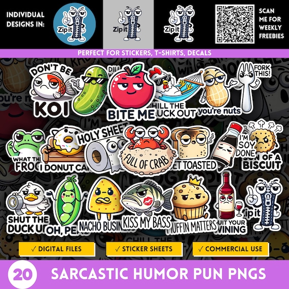 Sarcastic Adult Humor Pun Stickers PNG Bundle, Snarky Cartoon Expression, Quirky Quote, Sarcastic Swear Word, Food & Animal Sticker Sheets
