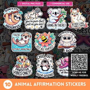 かわいい動物の毎日の肯定的なPNG、面白いセルフケアのしゃれステッカー、幸せな動物の引用クリップアート、モチベーションステッカー、PODとマグカップのデザイン