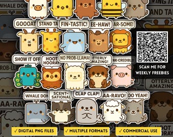 Animal Puns Positive Quote PNG Stickers Bundle, Cute Square Face Animal Clipart, Animal Nursery Wall Print, Motivational & Empowerment Decor