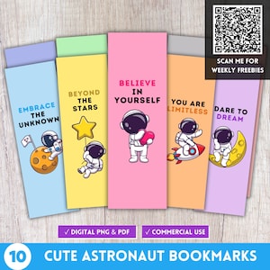 Marcadores con citas motivacionales de astronautas del espacio, marcadores de autoafirmación PNG y PDF, diseños de impresión de marcadores cósmicos de dibujos animados