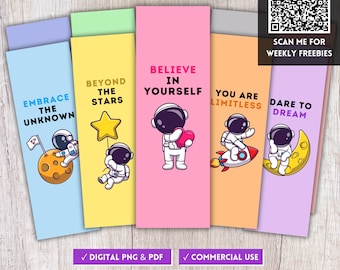 Cute Space Astronaut Motivational Quote Bookmarks, Self Affirmation Bookmark PNG & PDF, Cartoon Cosmic Bookmark DIY Print Designs