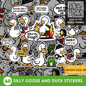 以下が含まれることがあります： ばかげた漫画の鴨とガチョウをフィーチャーした、カラフルなステッカー40個のセット。ステッカーには、「Duck this, I'm out」、「What the Frog?!」、「Shut the Duck Up」、「Duck it, Let's go」など、さまざまなフレーズが書かれています。