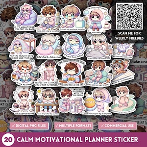Könnte beinhalten: Ein Set mit 20 bunten Planer-Stickern mit niedlichen Comicfiguren und motivierenden Zitaten. Die Sticker sind so konzipiert, dass sie dir helfen, den ganzen Tag über organisiert und motiviert zu bleiben. Die Zitate beinhalten "Es ist okay, nichts zu tun", "Manche Tage isst man Salat", "Manche Tage isst man Pommes", "Perfektion ist abgesagt, Komfort ist im Trend", "Fortschritt sieht manchmal wie Chaos aus", und mehr.