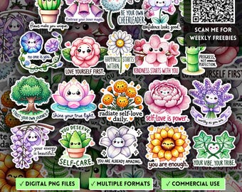 Watercolor Botanical Empowerment Stickers, Uplifting Quotes, Inspiring Word, Mental Health Self Care PNG Clipart, Sublimation And POD Design