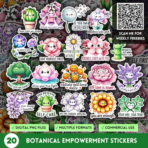 Watercolor Botanical Empowerment Stickers, Encouraging And Inspiring Words, Mental Health PNG, Self Care Clipart, Sublimation And POD Design