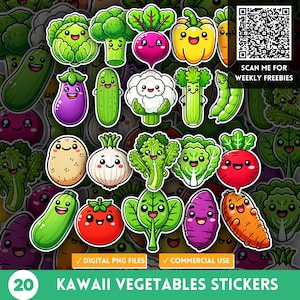Stickers légumes kawaii mignons, épicerie saine légumes nourriture PNG Clipart, Stickers Journal vert ingrédients botaniques, carte mémoire de légumes