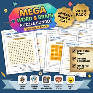 May include: A Mega Word & Brain Puzzle Bundle featuring 15 games in one pack. The collection includes printable pages with word searches, word matches, and anagrams. Icons at the bottom represent training the mind, sharpening focus, building vocabulary, relieving stress, and igniting joy.