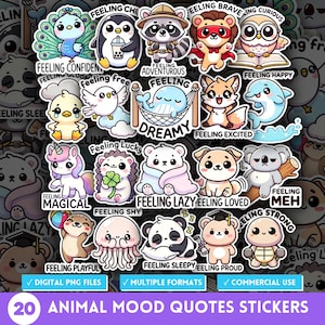 Naklejki z cytatami w stylu kawaii animal mood PNG, clipart z emocjami na twarzy, słodkie zwierzęce wyrażenia emocji, naklejki do planera, wzory sublimacji POD