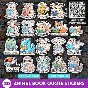 Puede incluir: Veinte pegatinas de citas de libros de animales coloridos con varios animales, incluyendo un perezoso, un tucán, una tortuga, una foca, una cabra, un gato, una rana, un dinosaurio, un zorro, un koala, un cerdo, una abeille, un perro y un pez. Cada pegatina presenta un libro y una cita sobre la lectura. Las pegatinas son perfectas para agregar un toque de fantasía y personalidad a las computadoras portátiles, las botellas de agua, los cuadernos y más.