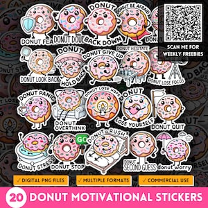 Kawaii Donut Food Pun Motivational PNG Stickers, Cartoon Self Care Clipart, Positive Growth Mindset PNG, Inspiring Quote Round Stickers, POD