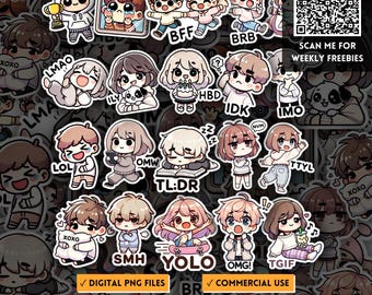 Niedliche Chibi Charaktere Lustiges Zitat Slang PNG, Akronym Textnachricht Aufkleber, Trendy Social Media Ausdrücke PNG Clipart, Abkürzung Texting
