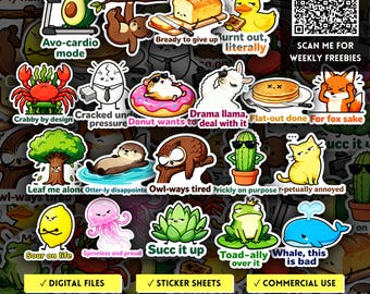 Sarcastic Animal & Food Pun PNG, Funny Quotes Sticker Pack, Millennial Humor, Sassy POD Design, Adult Joke Clipart, Gift, Sticker Sheet