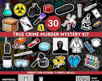 True Crime Murder Mystery PNG Bundle, Forensic Science Stickers, Horror Crime Investigation Clipart & Game Asset, Gifts