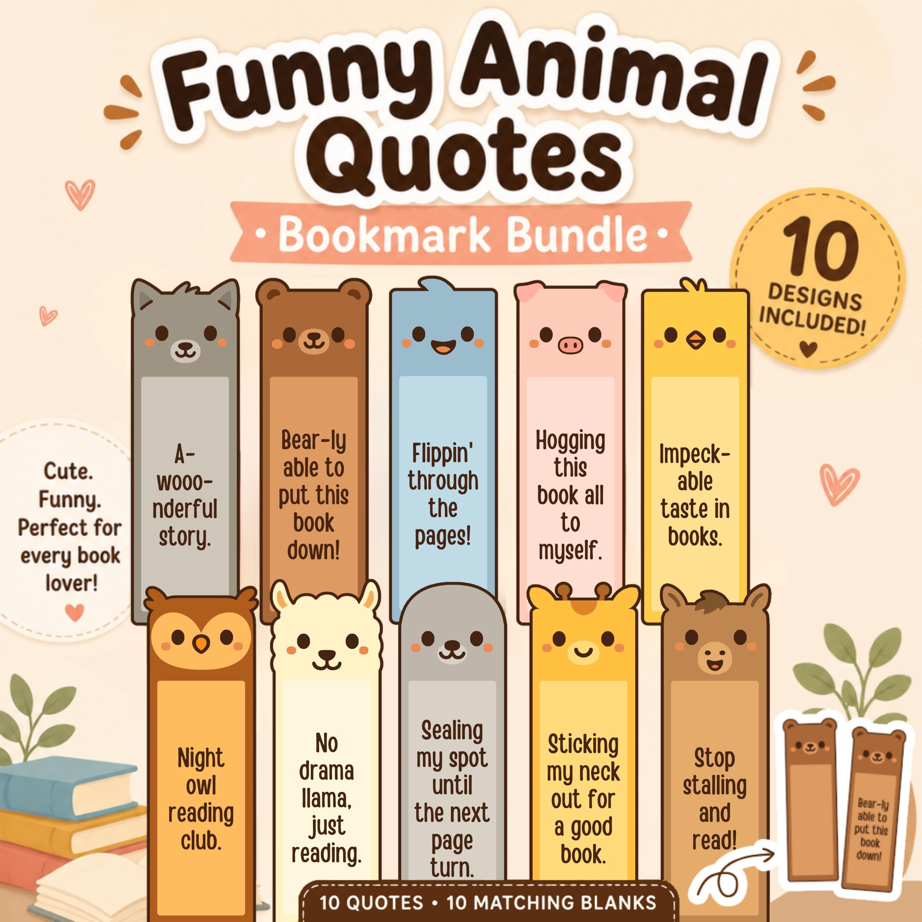 Funny Animal Quotes Bookmark Bundle, Book Club Bookish Gifts, Animal Art Print, Book Reading Tracker, Planner Accessories, Printable PNG PDF