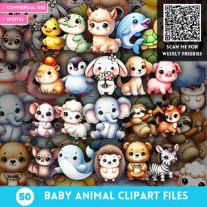 Safari aquarelle bébé animal clipart, dessin animé animaux de la forêt PNG, mignons animaux de la jungle et de la mer, clipart éducatif enfants, pack baby shower