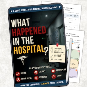 Vad hände på sjukhuset? True Crime Mystery Detective Game, Utskrivbart Logikpussel Elimineringsspel, Hjärngympa, Digital Nedladdning