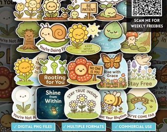 Cute Nature Positivity Motivation Stickers, Growth Affirmation Quotes PNG, Plant & Animal Clipart, Positive Vibes Sublimation POD Designs