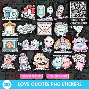 May include: A sheet of 20 love-themed PNG stickers with charming illustrations and phrases such as "I'm drawn to you!" and "You light up my life!" The stickers depict a variety of objects, including a keyboard, a plug, and a crayon, with a QR code for weekly freebies.