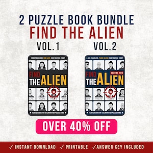 May include: A two-book puzzle bundle titled Find The Alien Vol. 1 and Vol. 2. Each book cover features a grid of black and white character portraits with a red target graphic over one face. The text includes 2,500 travellers, one alien, and can you find them?