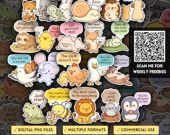 Cute Animal Mental Health Wellness Quotes Stickers, Daily Positive Affirmations PNG, Kawaii Self Care Clipart, Self Love Club, POD, Cricut