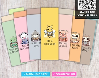Animal Pun Funny Reading Quote Bookmark PNG Bundle, Bookmark PDF,  Fun Bookmark Quote and Cute Sayings Print Designs, Bookish Gift Idea