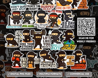 Cute Ninja Gym Workout Motivation Stickers, Fitness Quotes Clipart, Exercise & Bodybuilding PNG, Cardio, Strength, Healthy Life, POD Designs