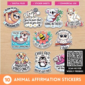 Adesivi con affermazioni quotidiane sugli animali e giochi di parole sulla cura di sé, pacchetto PNG Kawaii, clipart con citazioni di animali felici, foglio di adesivi motivazionali, tazza, design POD
