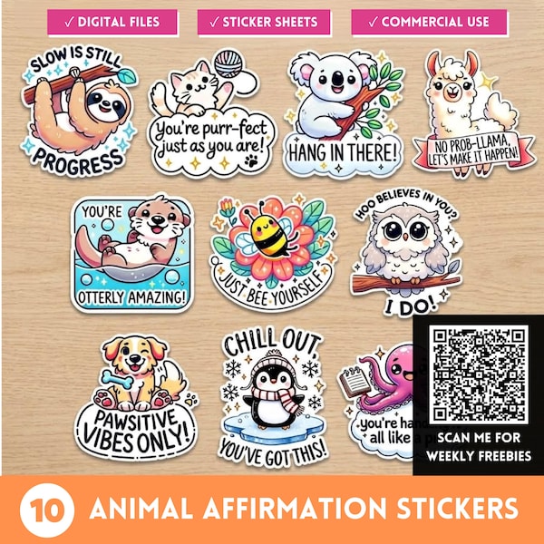 Stickers jeu de mots affirmation quotidienne des animaux, ensemble PNG kawaii, clipart citation animal joyeux, feuille d'autocollants motivants, mug, modèles POD