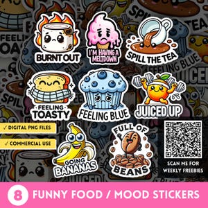 Funny Food Digital Mood Sticker Pack, Cute Cartoon Food Quote Clipart, Sassy & Witty PNG Planner Stickers, Kawaii Graphic POD Designs