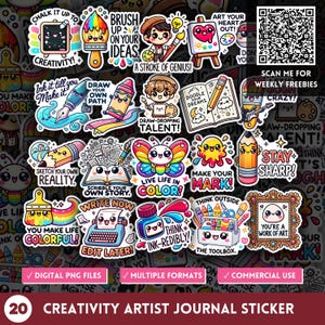 Puede incluir: Un conjunto de 20 pegatinas digitales coloridas con ilustraciones de materiales de arte, pinceles, lápices y otras herramientas creativas. Las pegatinas tienen un estilo de dibujos animados e incluyen frases como "Chalk it up to Creativity!" y "Live Life in Color!"