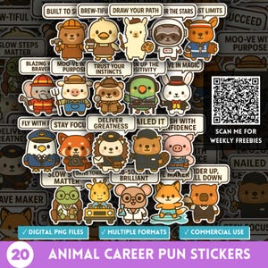 May include: A sheet of 20 animal career pun stickers. Each sticker features a different animal dressed in a profession-related outfit, such as a bear as a construction worker or a pig as a farmer. The stickers are in various shapes and sizes.