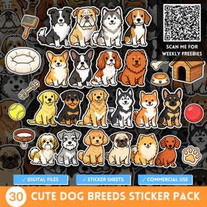 Op de afbeelding: Een stickervel met 30 verschillende hondenrassen. De stickers bevatten verschillende hondenrassen en accessoires. De tekst "30 CUTE DOG BREEDS STICKER PACK" staat onderaan.