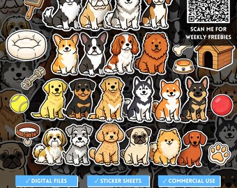 30 Dog Breeds Sticker Pack Bundle, Cute Dog Sitting PNG, Kawaii Dog Lovers Gift Sticker Sheet Collection, Cartoon Pets Clipart, POD Designs
