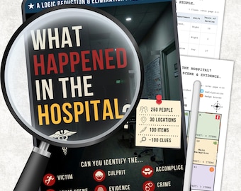 ¿Qué pasó en el hospital? Juego de misterio y detectives de crímenes reales, rompecabezas de lógica imprimibles, juego de eliminación, acertijo, descarga digital