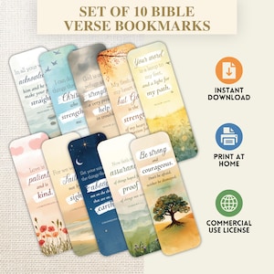 May include: A set of 10 rectangular bookmarks featuring various Bible verses, colorful nature-themed illustrations, and inspirational text. The image includes icons for instant download, print at home, and a commercial use license.