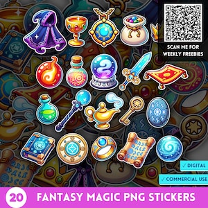 Fantasy Mystical Magic PNG Stickers, Cartoon Magical Items Clipart, Witchy Witchcraft Digital Stickers Decal, Magic Party Decor, Game Asset