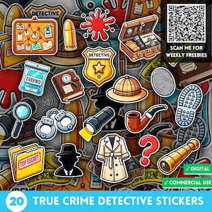 Autocollants PNG True Crime Detective, enquêteur privé et police des cliparts dessin animé, autocollants de scène de crime, atout du jeu mystère, science médico-légale