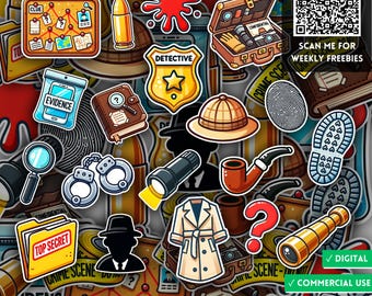 May include: A set of 20 colorful true crime detective stickers featuring various illustrations, including a magnifying glass, handcuffs, a detective badge, a top secret folder, a pipe, a hat, and a fingerprint. The stickers are digital and for commercial use.