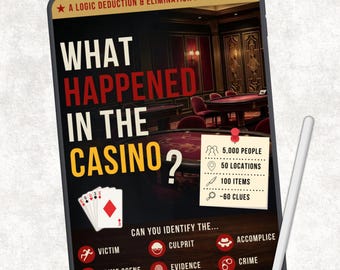 ¿Qué pasó en el casino? Juego de misterio y detectives de crímenes reales, rompecabezas de lógica imprimibles, juego de eliminación, acertijo, descarga digital
