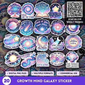 以下が含まれることがあります： 宇宙をテーマにした20枚のGrowth Mind Galaxyステッカーのセットです。「Expand Like the Universe」や「Shine Through the Darkness」などのインスピレーションを与えるフレーズが各ステッカーに書かれています。ステッカーは、青、紫、ピンクなど、さまざまな形と色があります。