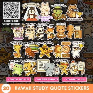 Könnte beinhalten: Ein Set mit 20 bunten digitalen Aufklebern mit niedlichen Tierillustrationen und motivierenden Zitaten für Schüler. Die Aufkleber enthalten Sätze wie "Future Legend", "Nailed it", "High five", "No quit zone", "Time to shine", "Test Slayer" und "Victory vibes".