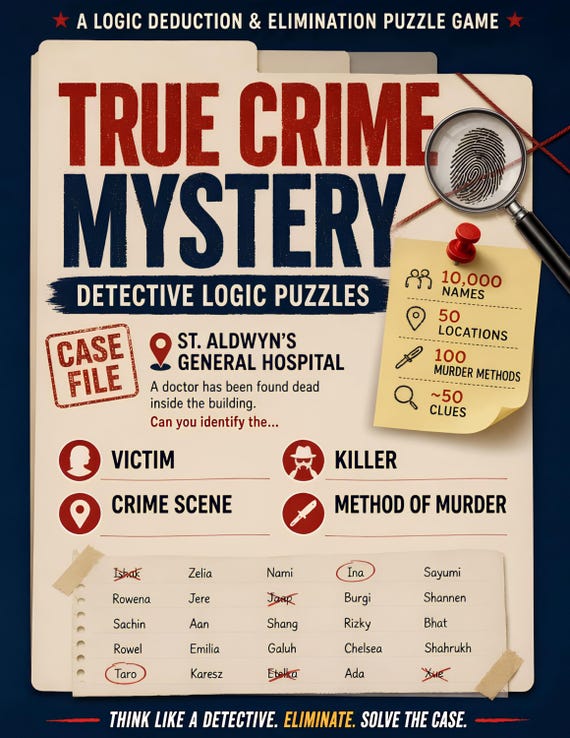 True Crime Mystery Detective Logic Puzzles, Elimination Game, Brain Teaser Activity Puzzle Book, Printable Party Favors, Digital Download