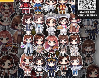 Cute Girl Chibi Character Occupation Stickers PNG, Kawaii Sticker Pack, Funny Workplace, Career and Profession PNG, POD and Mug Designs