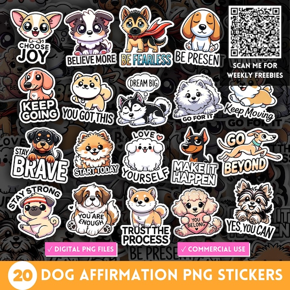 Dog Self Affirmation PNG Stickers Bundle, Cartoon Dog Breeds Clipart, Animal Quote Clipart, Mental Health Motivational Sticker, POD Designs