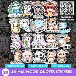 Puede incluir: Un conjunto de 20 pegatinas de animales coloridos con frases de humor. Las pegatinas presentan varios animales, incluyendo un pavo real, un pingüino, un mapache, un león, un zorro, una ballena, un unicornio, un erizo, un koala, un perro, una tortuga, una medusa, un panda y un oso. Cada pegatina tiene una frase de humor diferente, como "Feeling Chi", "Feeling Brave", "Feeling Confident", "Feeling Adventurous", "Feeling Free", "Dreamy", "Feeling Excited", "Feeling Lucky", "Feeling Magical", "Feeling Shy", "Feeling Lazy", "Feeling Loved", "Feeling Meh", "Feeling Strong", "Feeling Playful", "Feeling Sleepy", y "Feeling Proud".