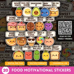 Food Pun Motivational Quote Stickers, Funny Positive Affirmations PNG, Kawaii Clipart Print, Lunchbox Stickers, Foodie Gifts, POD Designs