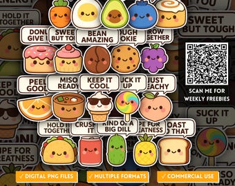 Food Pun Motivational Quote Stickers, Funny Positive Affirmations PNG, Kawaii Clipart Print, Lunchbox Stickers, Foodie Gifts, POD Designs